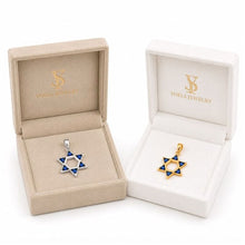 Two Star of David pendants in open jewelry boxes with Yoels Jewelry logo.