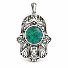 Filigree Hamsa pendant in sterling silver set with Eilat stone