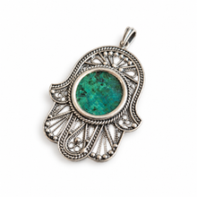 Filigree Hamsa pendant in sterling silver set with Eilat stone