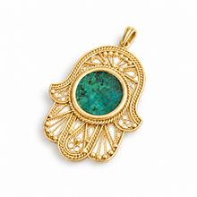 14K Gold Hamsa Pendant with Authentic Eilat Stone held in hand, handmade Yemenite filigree Jewish Judaica jewelry from Israel