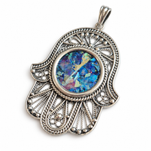Silver roman glass hamsa pendant in filigree work 