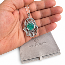 Filigree Hamsa pendant in sterling silver set with Eilat stone