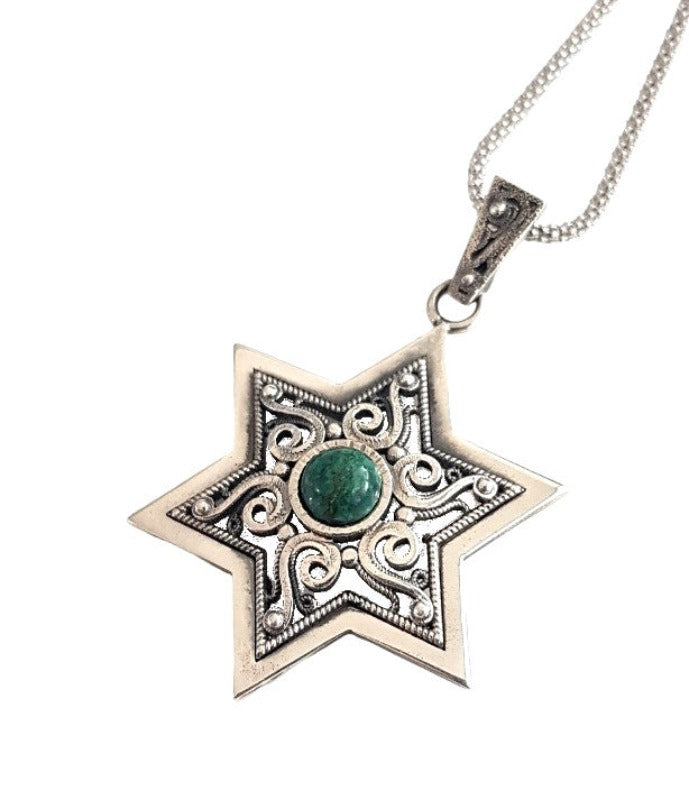 925 Silver Star of David Pendant Filigree Work With Eilat stone