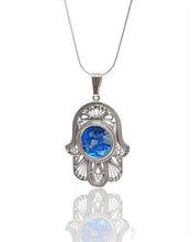 925 Sterling Silver Roman Glass Filigree Hamsa Pendant Necklace