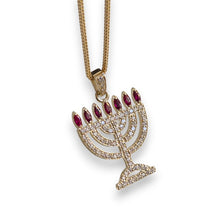 14K Gold Jerusalem Menorah Pendant Set with Diamonds and Ruby Stones