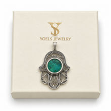 925 Sterling Silver Eilat Stone Hamsa Pendant Necklace Handmade Filigree Judaica Jewelry