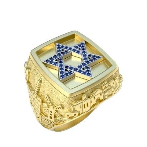 14K Gold Jerusalem Ring Star of David Ring Set with Blue Sapphire Gemstones