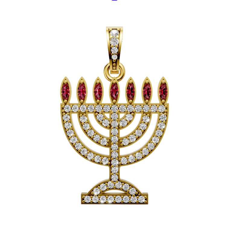 Gold menorah pendant with red gemstones on a white background