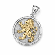 silver Gold lion pendant on a silver circular background
