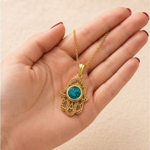 Handmade 14K Gold Hamsa Pendant with genuine Eilat Stone displayed in hand, Israeli Judaica jewelry gift