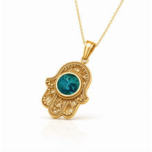 Solid 14K Gold Hamsa Pendant with Authentic Eilat Stone necklace on white background, Jewish jewelry from Israel