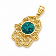 14K Gold Hamsa Pendant with Authentic Eilat Stone held in hand, handmade Yemenite filigree Jewish Judaica jewelry from Israel