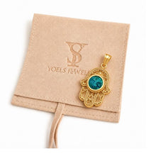 14K Gold Hamsa Pendant with Authentic Eilat Stone on Yoels Jewelry gift pouch, luxury Israeli Judaica jewelry