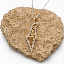 Gold  map of Israel Shema Israel pendant with star design on a stone 