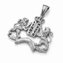 14k gold Ten Commandments pendant with lions shown on hand for size reference Jewish necklace