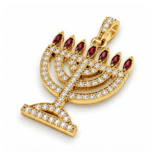14K gold menorah pendant with diamonds and ruby flames