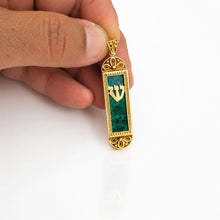 Close-Up of 14K Gold Mezuzah Pendant with Natural Eilat Stone and Hebrew Shin | Fine Judaica Jewelry