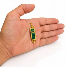 14K Gold Mezuzah Pendant with Natural Eilat Stone on hand 