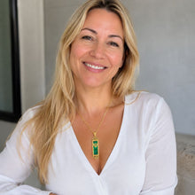 Woman Wearing 14K Gold Mezuzah Pendant with Natural Eilat Stone | Elegant Jewish Necklace Handmade in Israel