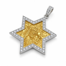 14k gold Star of David pendant with Jerusalem design and diamond border Jewish necklace