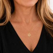 Dainty 14k Gold Star of David Necklace on Woman – Minimalist Jewish Jewelry