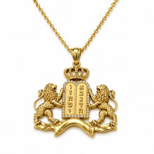 14k gold Ten Commandments pendant with lions shown on hand for size reference Jewish necklace
