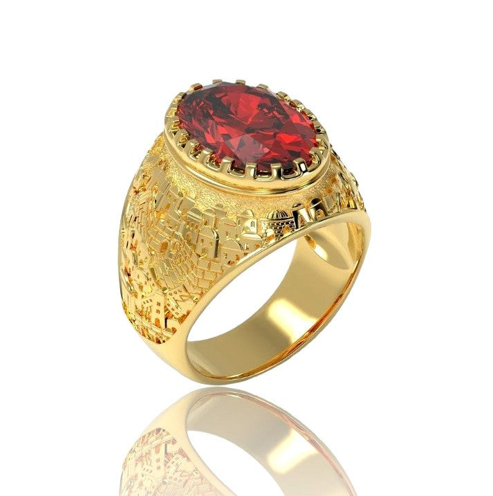 14k Gold Garnet Jerusalem Ring Men's Ring