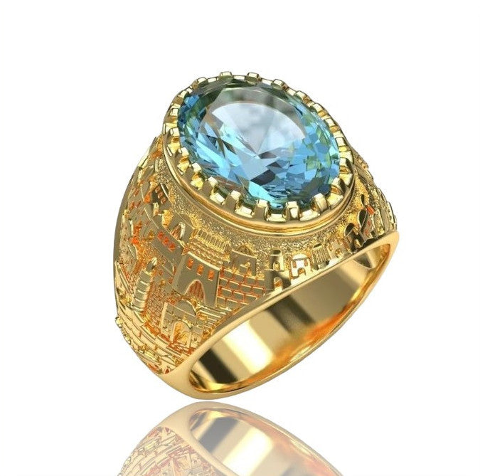 14k Gold Topaz Stone 3D Jerusalem Ring