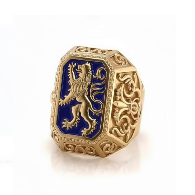 Gold ring with a blue lion emblem on a white background
