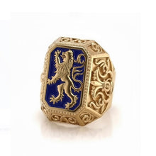 Gold ring with a blue lion emblem on a white background