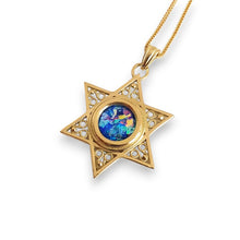 A 14k gold yellow star of david roman glass pendant with a multicolored roman glass fragment in the center, attached to a gold chain.