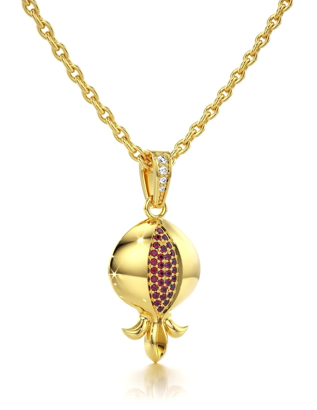 Gold pomegranate pendant with rubies