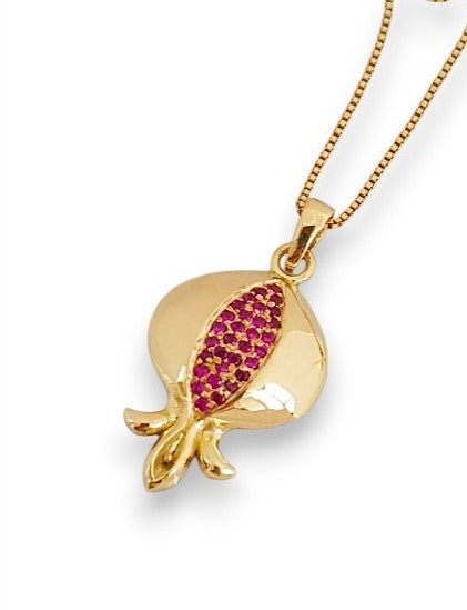 14k Gold Pomegranate pendant with ruby stones 