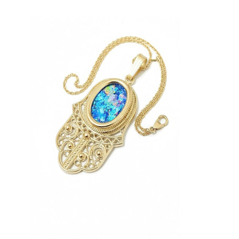 14k Gold Roman glass hamsa pendant
