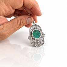 Filigree Hamsa pendant in sterling silver set with Eilat stone