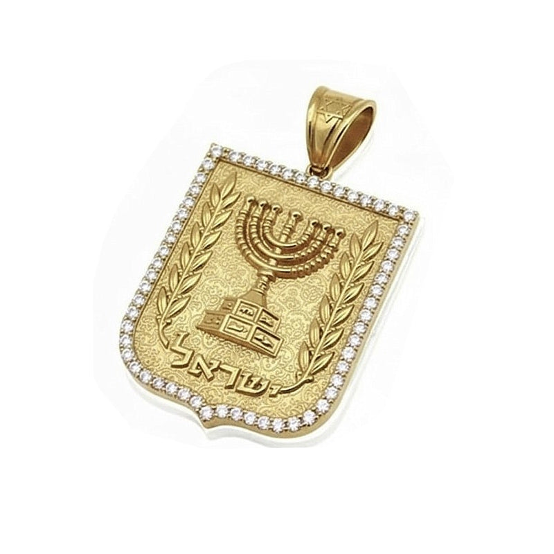 Gold embalem menorah pendant with diamonds