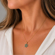 Close-up of a person wearing a gold necklace with a Star of David pendant.