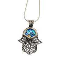 A 925 sterling silver Roman glass Hamsa pendant necklace with a silver chain and intricate filigree work.