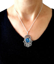 925 Sterling Silver Roman Glass Filigree Hamsa Pendant Necklace