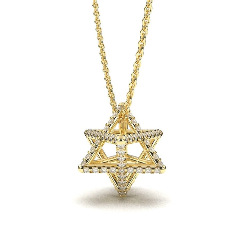 14k Gold Merkaba Star of David Pendant Set with Sparkling Diamonds