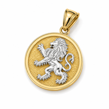 Gold pendant with a silver lion emblem on a white background