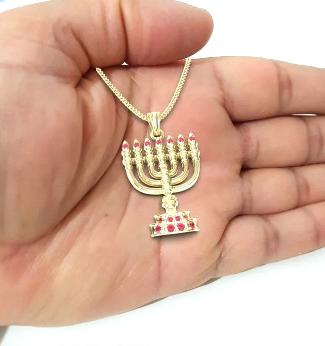 14K Gold Menorah Pendant With Rubi  Stones