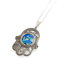 Silver roman glass hamsa pendant in filigree work 
