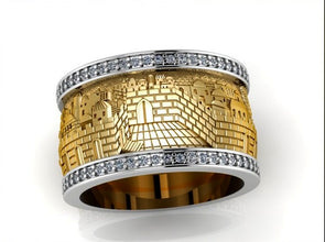 14K Gold Jerusalem Ring With Diamonds Unisex Adult Made in Israel