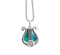 A 925 sterling silver harp pendant featuring a green eilat stone in the center, with star of david pendant on the side.