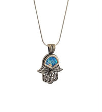 A 925 sterling silver Roman glass Hamsa pendant necklace with a silver chain and intricate filigree work.