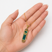Handmade gold mezuzah pendant with Eilat stone Shin design spiritual necklace