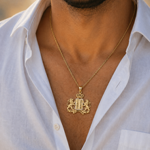 mens 14k gold Ten Commandments necklace with lions and crown worn on chest Jewish pendant from Israel