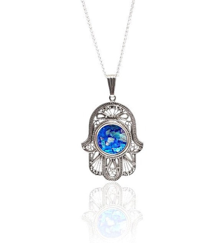 925 Sterling Silver Roman Glass Filigree Hamsa Pendant Necklace