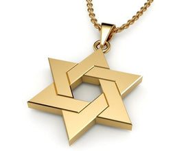 A 14k gold Star of David pendant necklace with a high polished finish and interwoven design, suspended from a small chain.